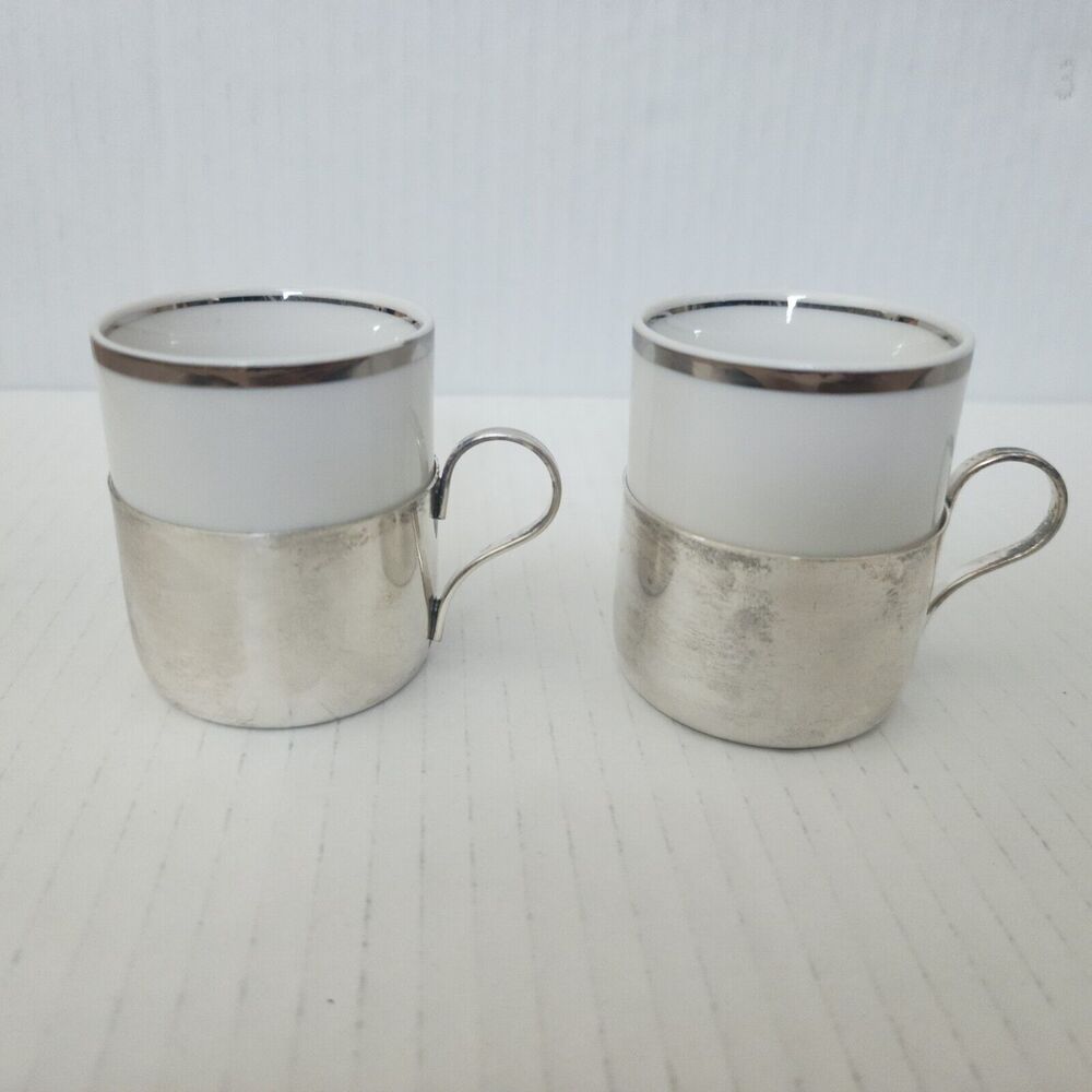Cristofoli Prata 90 Set of 2 Ceramic Espresso Cups with Silver Plated Holders
